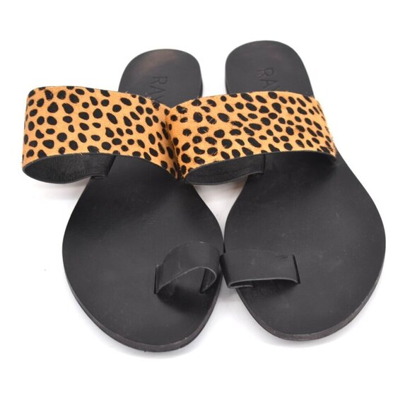 Raye Leopard Slides Sandals Flats Toe Ring Calf Hair Tan and Black Women's 37.5 - Picture 3 of 8